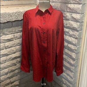Liz Claiborne Plaid Blouse Large Red Long Sleeve Button Up